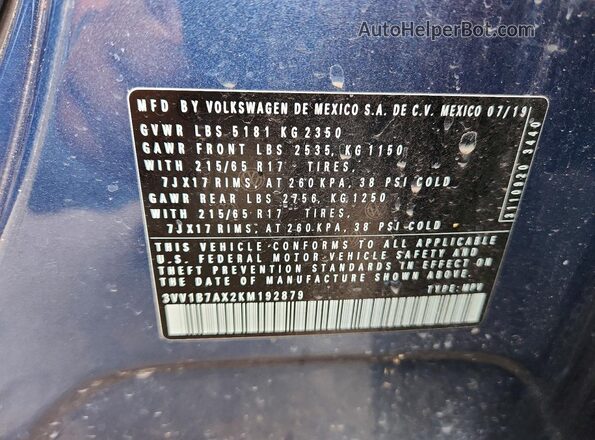 3VV1B7AX2KM192879 2019 VOLKSWAGEN TIGUAN Blue VIN կոդի պիտակի տեսք