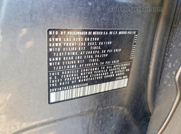 3VV1B7AX2LM004346 2020 VOLKSWAGEN TIGUAN Gray 