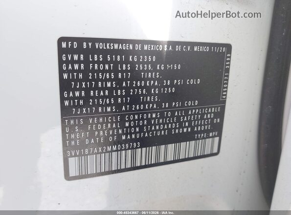 3VV1B7AX2MM039793 2021 VOLKSWAGEN TIGUAN White Vista del compartimento del motor