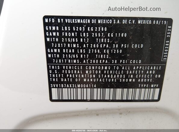 3VV1B7AX3LM004114 2020 VOLKSWAGEN TIGUAN White Engine compartment view