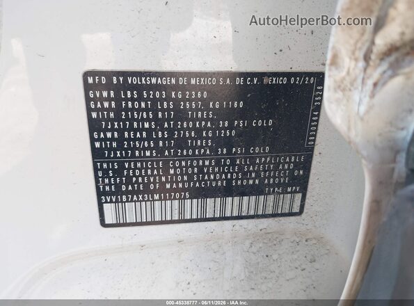 3VV1B7AX3LM117075 2020 VOLKSWAGEN TIGUAN White Շարժիչի բաժամունքի տեսք