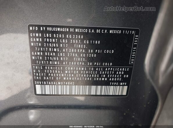 3VV1B7AX4LM074642 2020 VOLKSWAGEN TIGUAN Gray 
