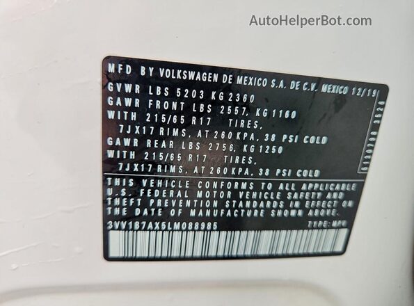 3VV1B7AX5LM088985 2020 VOLKSWAGEN TIGUAN White Widok naklejki z numerem VIN