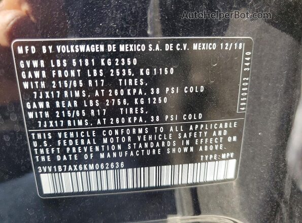 3VV1B7AX6KM062636 2019 VOLKSWAGEN TIGUAN Black Вид наклейки з VIN-кодом