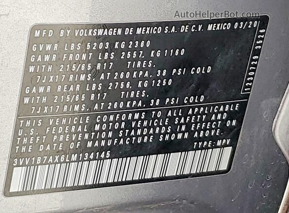3VV1B7AX6LM134145 2020 VOLKSWAGEN TIGUAN Серебряный Панорамный вид салона 360°