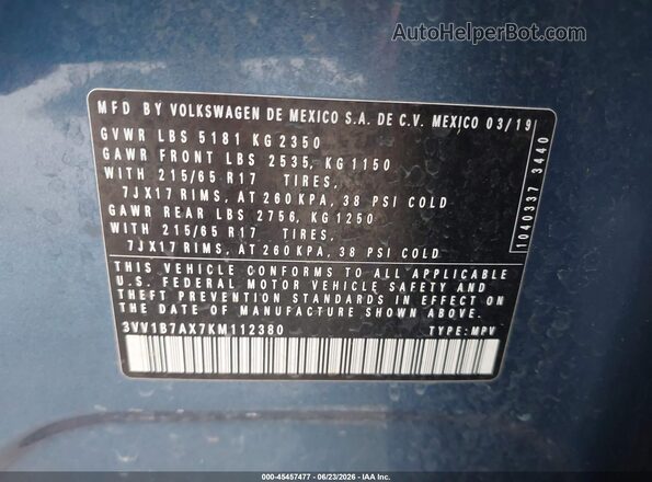 3VV1B7AX7KM112380 2019 VOLKSWAGEN TIGUAN Blue Շարժիչի բաժամունքի տեսք