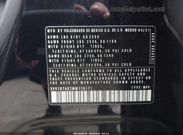 3VV1B7AX7MM119171 2021 VOLKSWAGEN TIGUAN Black Vista del compartimento del motor