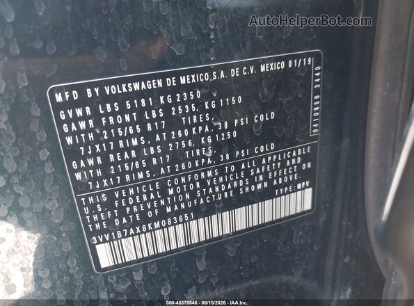 3VV1B7AX8KM083651 2019 VOLKSWAGEN TIGUAN Green ძრავის განყოფილების ხედი