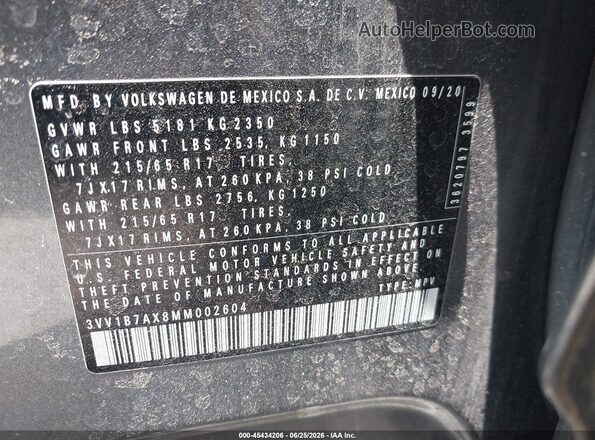 3VV1B7AX8MM002604 2021 VOLKSWAGEN TIGUAN Gray Вид підкапотного простору