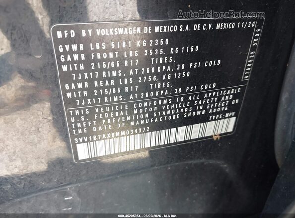 3VV1B7AX8MM034372 2021 VOLKSWAGEN TIGUAN Черный 