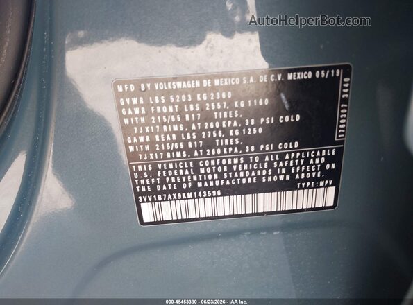 3VV1B7AX9KM143596 2019 VOLKSWAGEN TIGUAN Teal Widok komory silnika