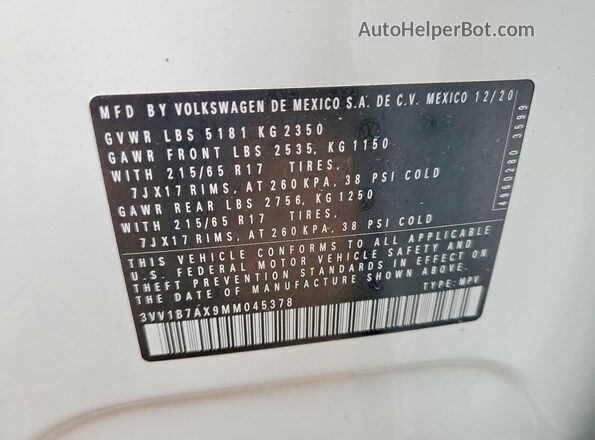 3VV1B7AX9MM045378 2021 VOLKSWAGEN TIGUAN Белый Вид подкапотного пространства