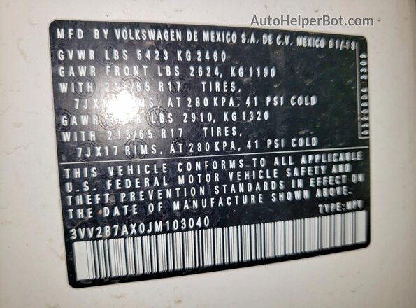 3VV2B7AX0JM103040 2018 VOLKSWAGEN TIGUAN White Вид наклейки з VIN-кодом