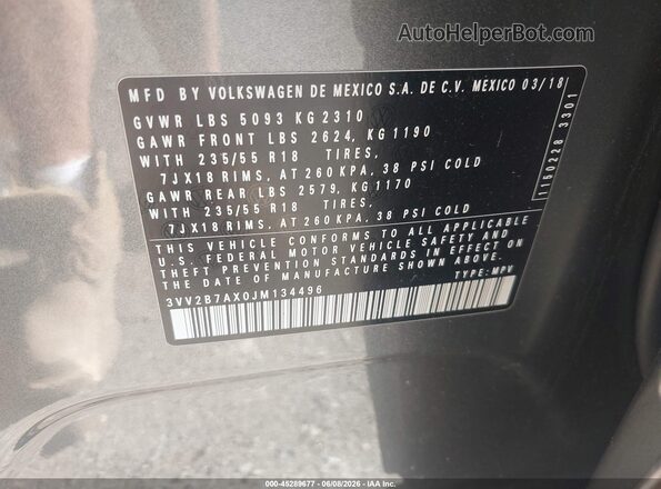 3VV2B7AX0JM134496 2018 VOLKSWAGEN TIGUAN Серый 
