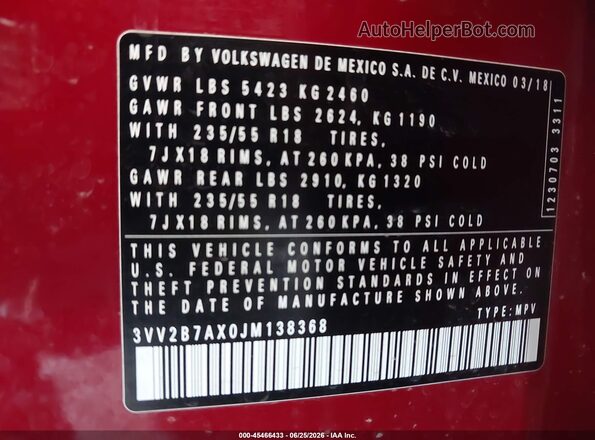 3VV2B7AX0JM138368 2018 VOLKSWAGEN TIGUAN Burgundy Widok komory silnika