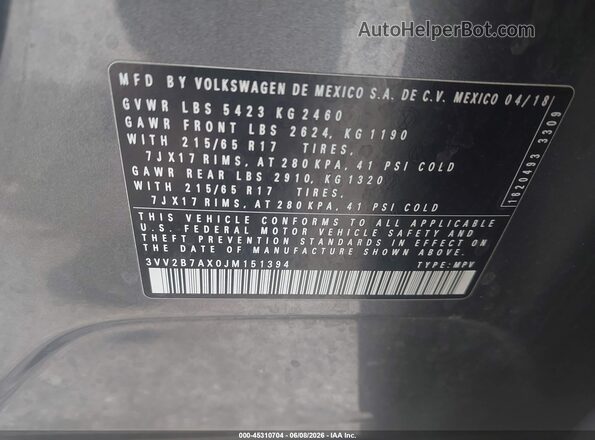 3VV2B7AX0JM151394 2018 VOLKSWAGEN TIGUAN Gray ძრავის განყოფილების ხედი