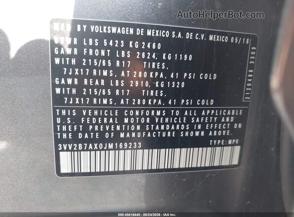 3VV2B7AX0JM169233 2018 VOLKSWAGEN TIGUAN Gray Widok komory silnika