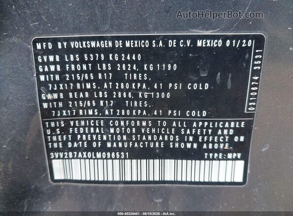 3VV2B7AX0LM096531 2020 VOLKSWAGEN TIGUAN Gray Вид підкапотного простору