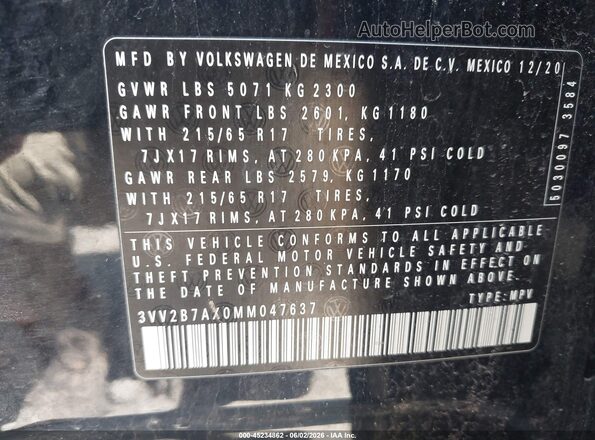 3VV2B7AX0MM047637 2021 VOLKSWAGEN TIGUAN Black Շարժիչի բաժամունքի տեսք