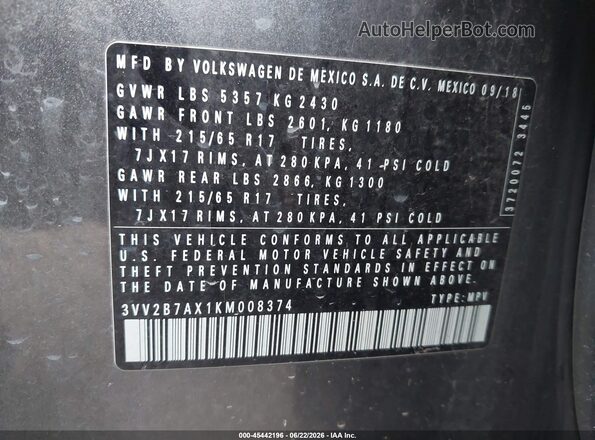 3VV2B7AX1KM008374 2019 VOLKSWAGEN TIGUAN Gray 
