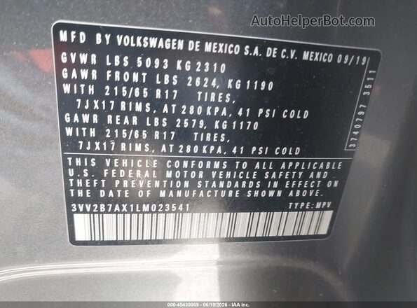 3VV2B7AX1LM023541 2020 VOLKSWAGEN TIGUAN Gray Vista del compartimento del motor