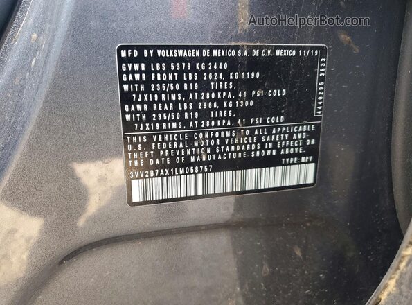 3VV2B7AX1LM058757 2020 VOLKSWAGEN TIGUAN Gray 