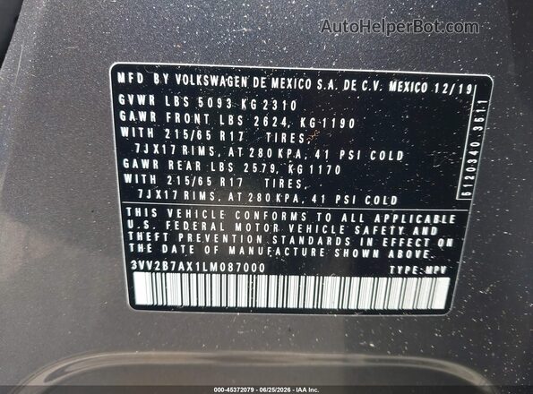 3VV2B7AX1LM087000 2020 VOLKSWAGEN TIGUAN Серый Вид подкапотного пространства