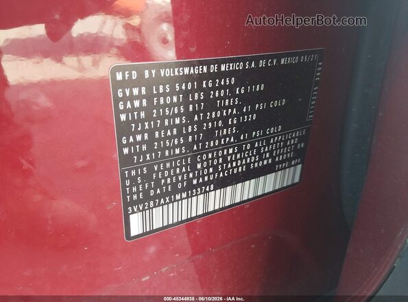 3VV2B7AX1MM133748 2021 VOLKSWAGEN TIGUAN Maroon Engine compartment view