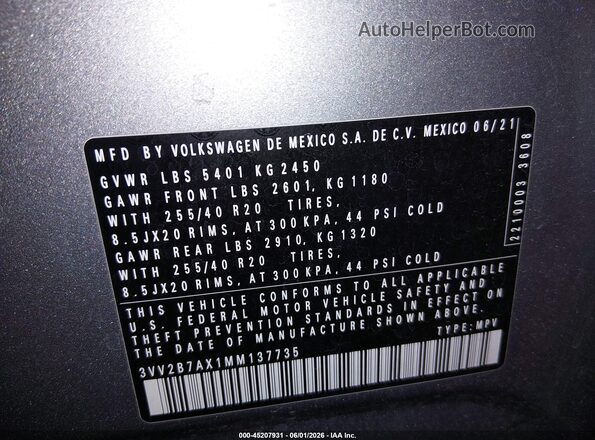 3VV2B7AX1MM137735 2021 VOLKSWAGEN TIGUAN Gray Widok komory silnika