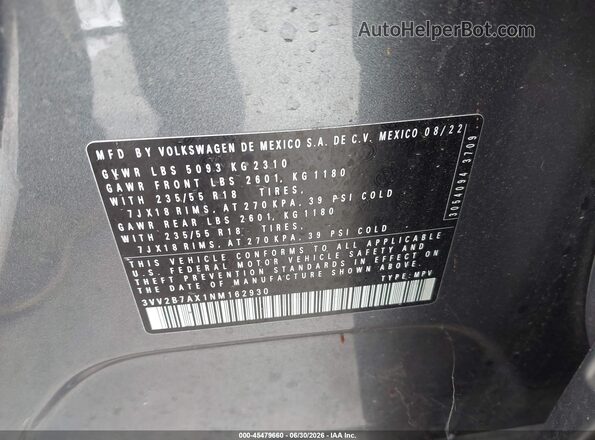 3VV2B7AX1NM162930 2022 VOLKSWAGEN TIGUAN Gray Widok komory silnika