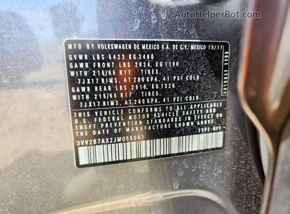 3VV2B7AX2JM055041 2018 VOLKSWAGEN TIGUAN Серый 
