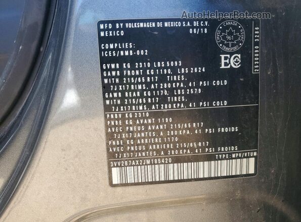 3VV2B7AX2JM185420 2018 VOLKSWAGEN TIGUAN Gray 