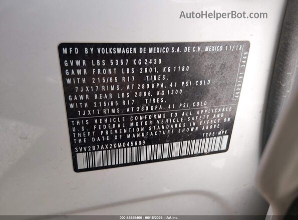 3VV2B7AX2KM045689 2019 VOLKSWAGEN TIGUAN White Vista del compartimento del motor