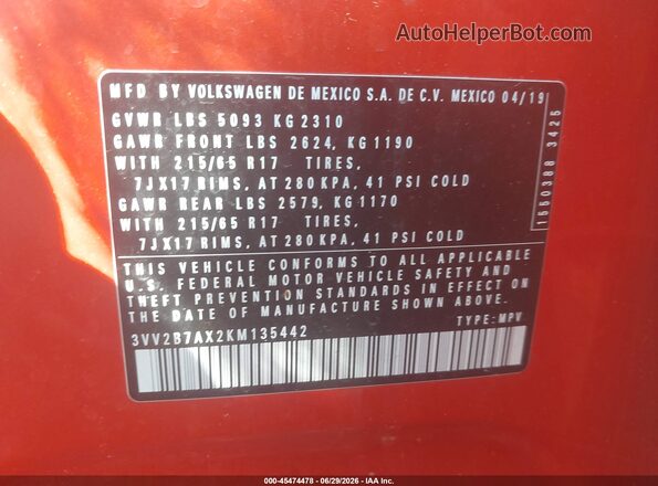 3VV2B7AX2KM135442 2019 VOLKSWAGEN TIGUAN Orange Vista del compartimento del motor