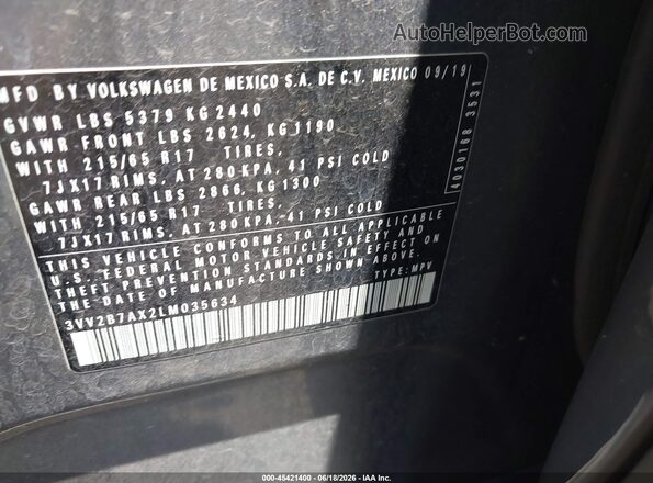 3VV2B7AX2LM035634 2020 VOLKSWAGEN TIGUAN Gray Շարժիչի բաժամունքի տեսք