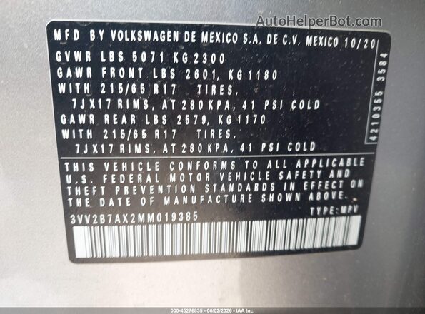 3VV2B7AX2MM019385 2021 VOLKSWAGEN TIGUAN Silver Engine compartment view