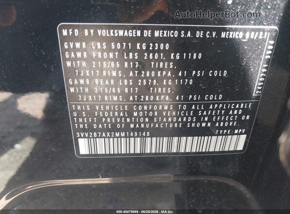 3VV2B7AX2MM149148 2021 VOLKSWAGEN TIGUAN Black Вид підкапотного простору