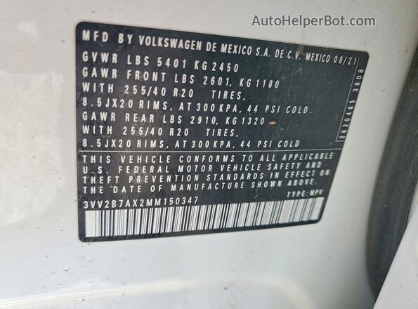 3VV2B7AX2MM150347 2021 VOLKSWAGEN TIGUAN White VIN կոդի պիտակի տեսք