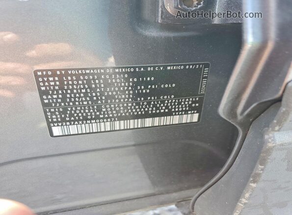 3VV2B7AX2NM006671 2022 VOLKSWAGEN TIGUAN Серый Вид наклейки с VIN-кодом