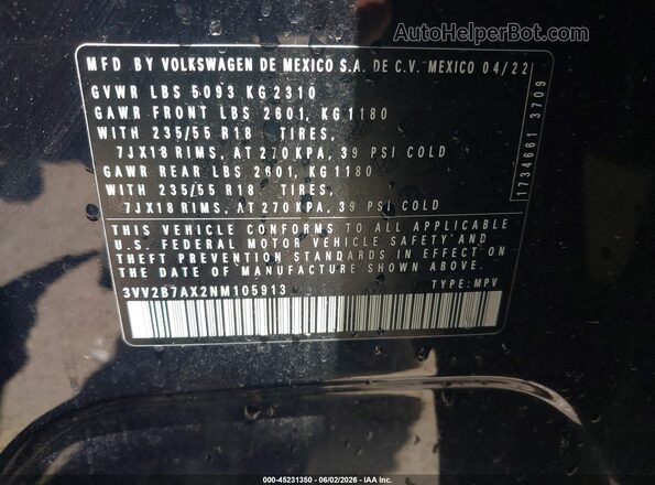 3VV2B7AX2NM105913 2022 VOLKSWAGEN TIGUAN Black 