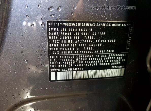 3VV2B7AX2NM165982 2022 VOLKSWAGEN TIGUAN Gray 