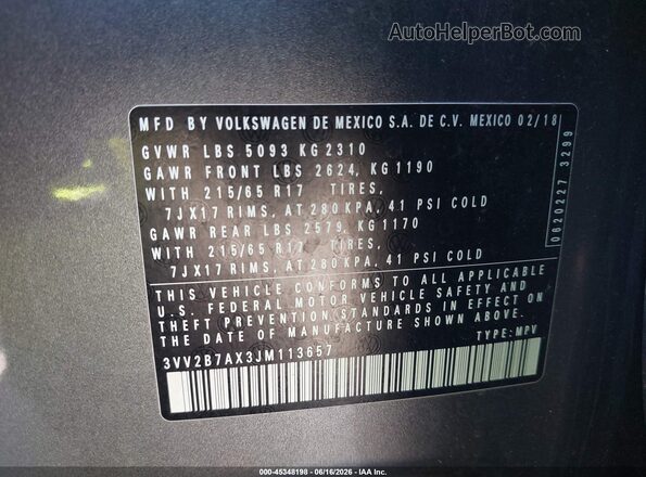 3VV2B7AX3JM113657 2018 VOLKSWAGEN TIGUAN Серый Вид подкапотного пространства