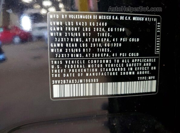 3VV2B7AX3JM196989 2018 VOLKSWAGEN TIGUAN Black Widok wnętrza 360 stopni
