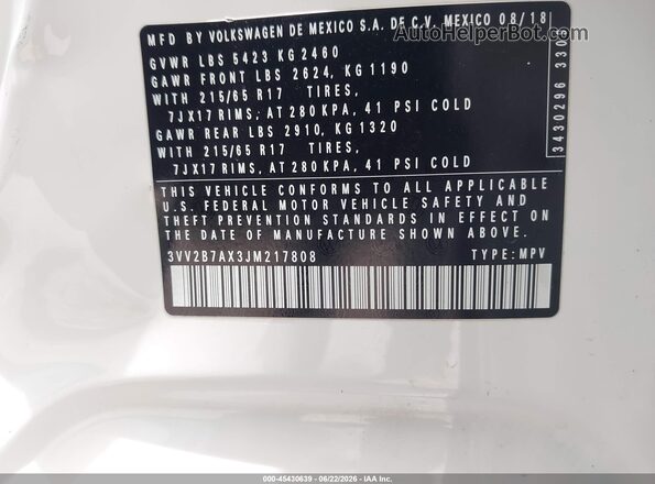 3VV2B7AX3JM217808 2018 VOLKSWAGEN TIGUAN White Вид підкапотного простору