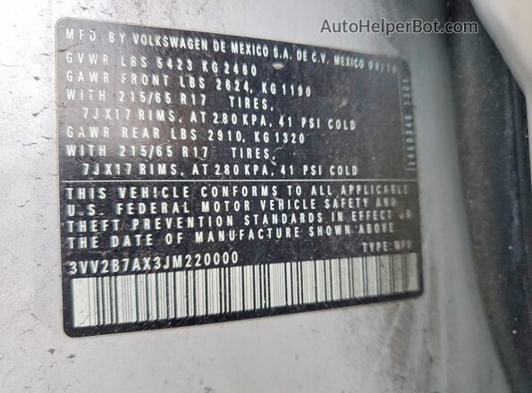 3VV2B7AX3JM220000 2018 VOLKSWAGEN TIGUAN Gray 