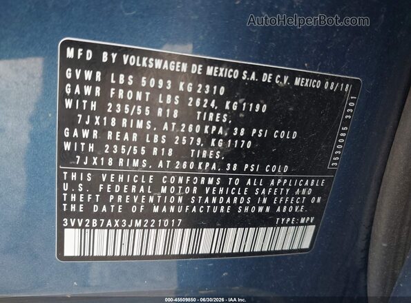 3VV2B7AX3JM221017 2018 VOLKSWAGEN TIGUAN Blue Widok komory silnika