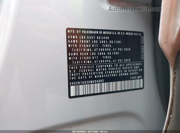 3VV2B7AX3KM004083 2019 VOLKSWAGEN TIGUAN White Engine compartment view