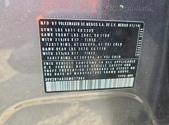3VV2B7AX3KM077860 2019 VOLKSWAGEN TIGUAN Gray Панорамний вид салону 360°