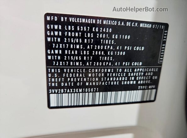 3VV2B7AX3KM185671 2019 VOLKSWAGEN TIGUAN White VIN sticker view
