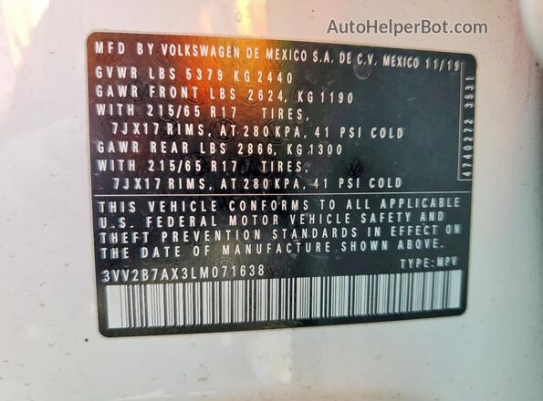 3VV2B7AX3LM071638 2020 VOLKSWAGEN TIGUAN White VIN კოდის სტიკერის ხედი